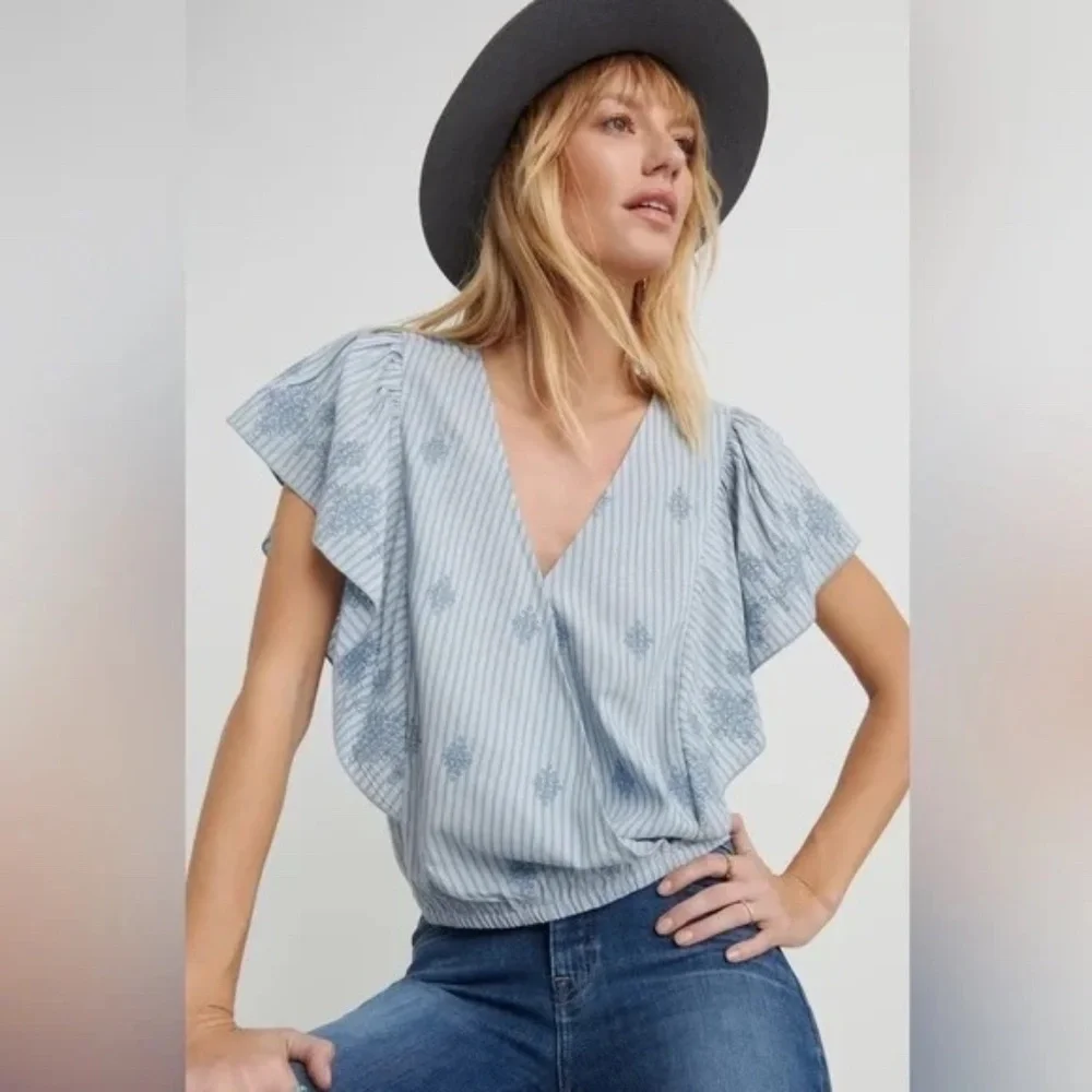 LUCKY BRAND - Cross Over Flutter Sleeve Top - Blue in Small - Picture 1 of 6